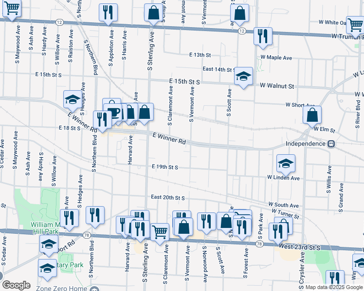 map of restaurants, bars, coffee shops, grocery stores, and more near 11317 East Winner Road in Independence
