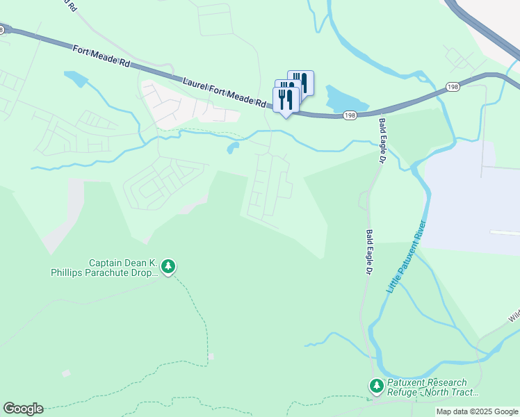 map of restaurants, bars, coffee shops, grocery stores, and more near 3615 Artesian Lane in Laurel