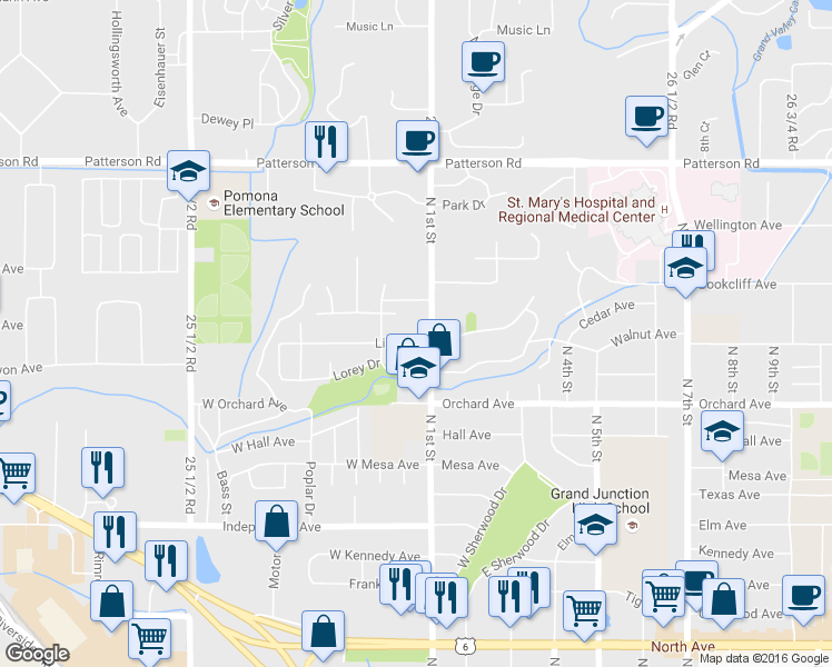 map of restaurants, bars, coffee shops, grocery stores, and more near 2117 North 1st Street in Grand Junction