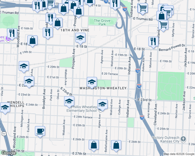 map of restaurants, bars, coffee shops, grocery stores, and more near 2908 East 21st Street in Kansas City