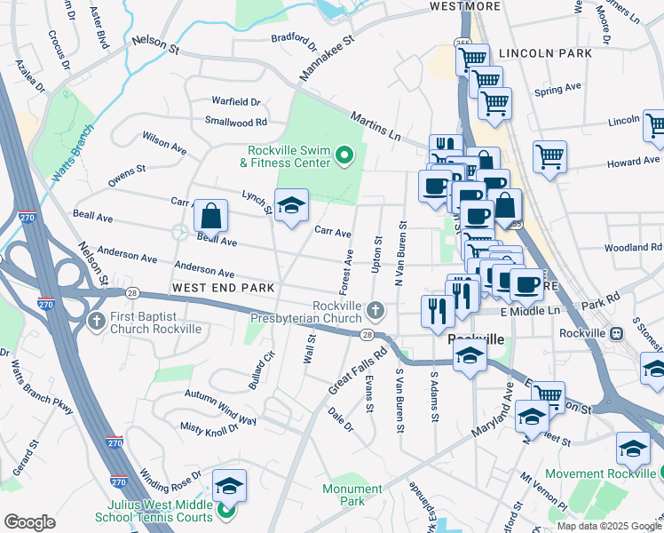 map of restaurants, bars, coffee shops, grocery stores, and more near 314 Beall Avenue in Rockville