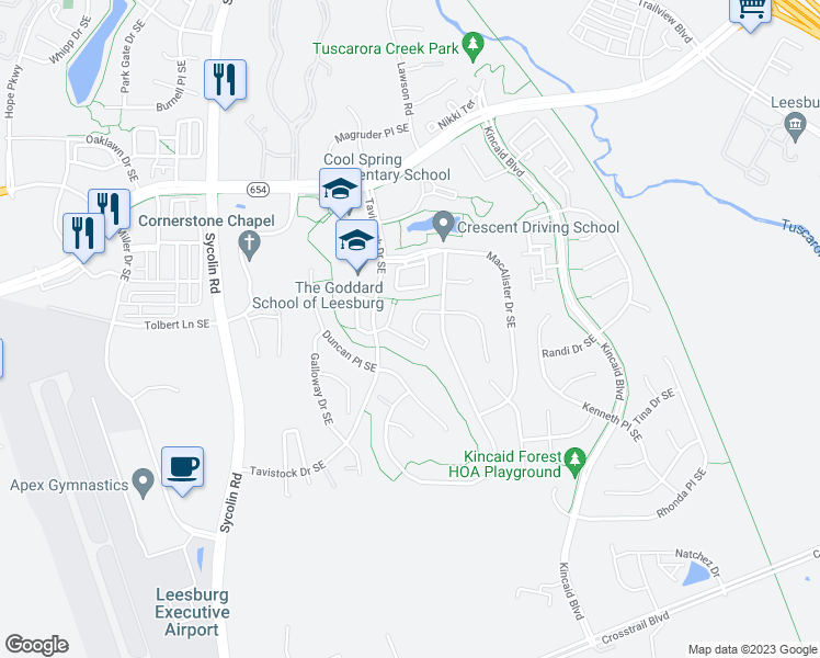 map of restaurants, bars, coffee shops, grocery stores, and more near 664 McLeary Square Southeast in Leesburg