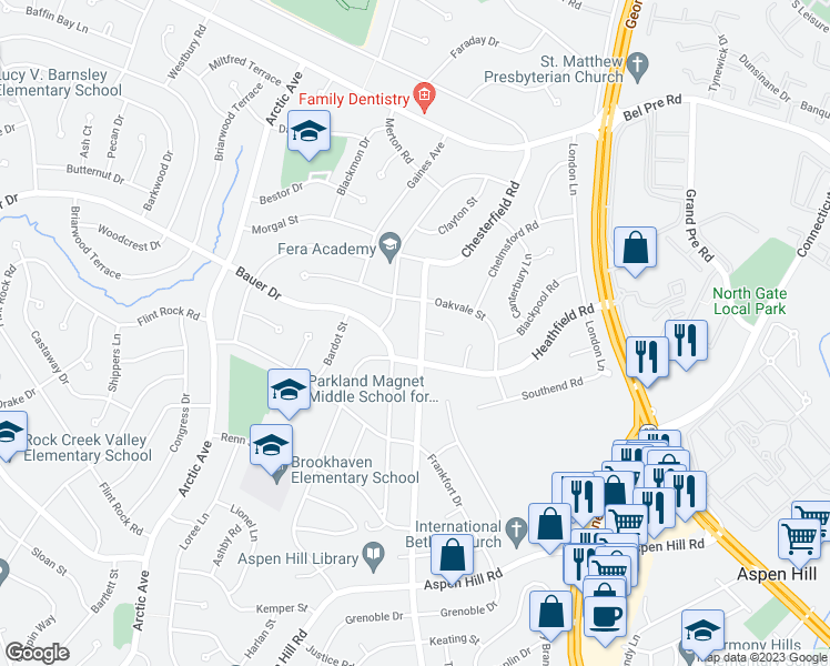 map of restaurants, bars, coffee shops, grocery stores, and more near 14006 Parkland Drive in Rockville