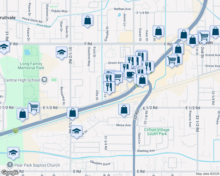map of restaurants, bars, coffee shops, grocery stores, and more near 565 31 3/4 Road in Grand Junction