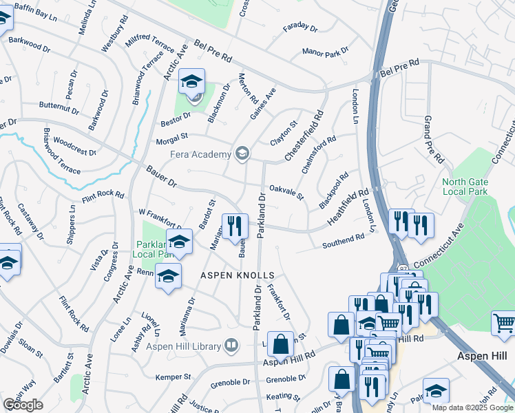 map of restaurants, bars, coffee shops, grocery stores, and more near 14006 Parkland Drive in Rockville
