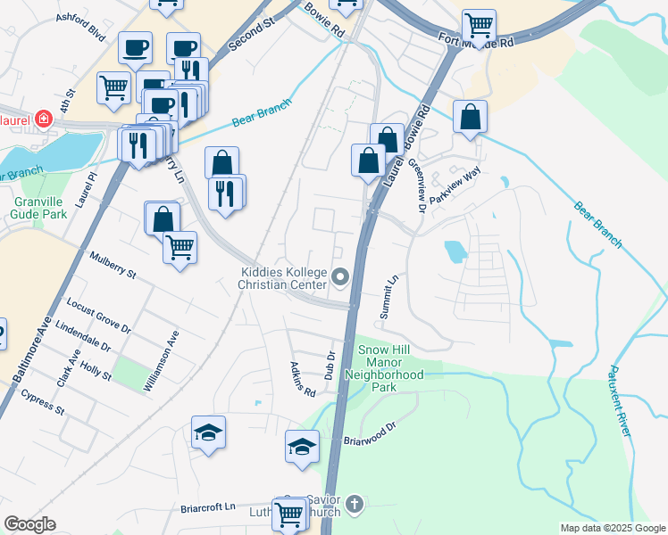 map of restaurants, bars, coffee shops, grocery stores, and more near 9250 Cherry Lane in Laurel