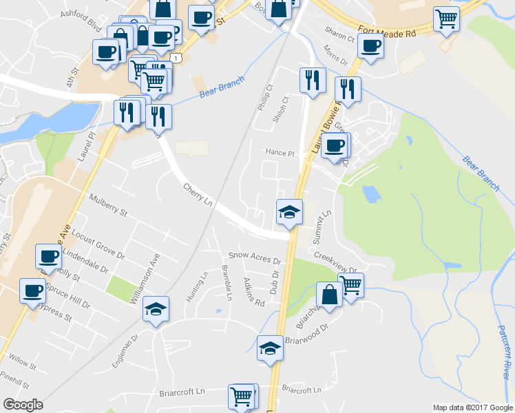 map of restaurants, bars, coffee shops, grocery stores, and more near 9214 Cherry Lane in Laurel