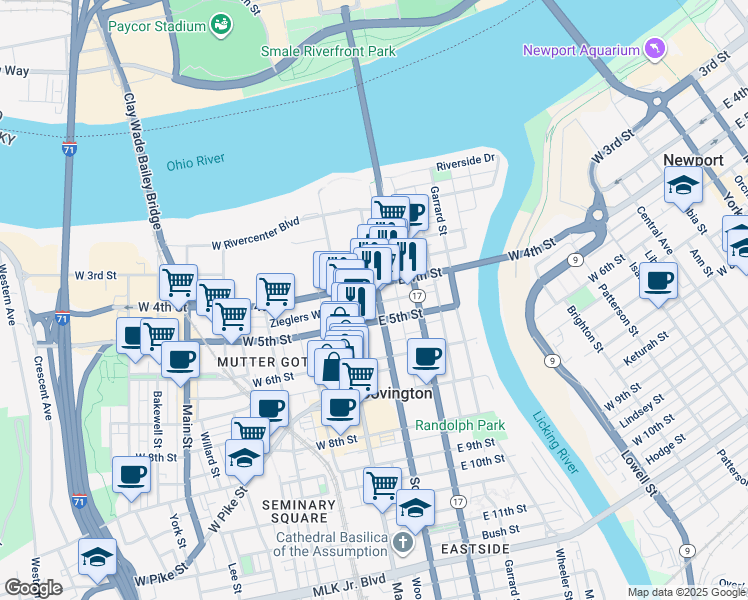 map of restaurants, bars, coffee shops, grocery stores, and more near 19 East 4th Street in Covington