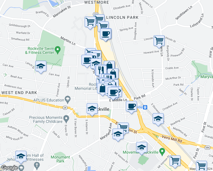 map of restaurants, bars, coffee shops, grocery stores, and more near 155 Gibbs Street in Rockville