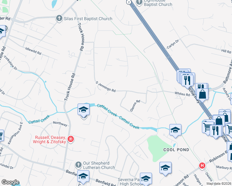 map of restaurants, bars, coffee shops, grocery stores, and more near 103 South Jennings Road in Severna Park