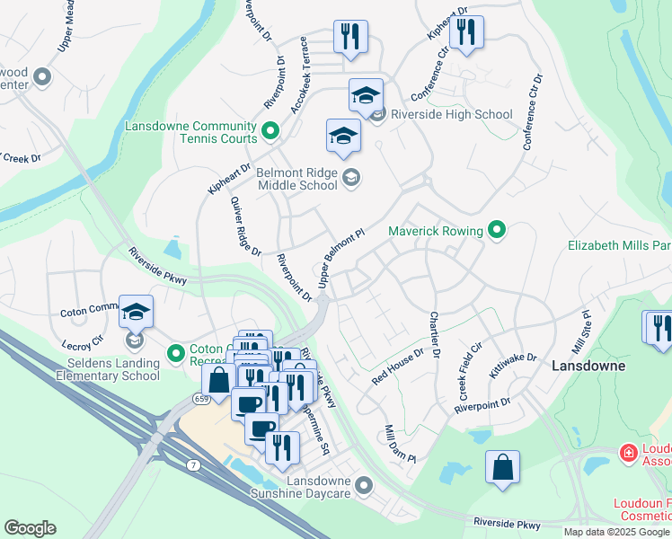 map of restaurants, bars, coffee shops, grocery stores, and more near 43622 Lees Mill Square in Leesburg