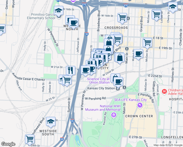 map of restaurants, bars, coffee shops, grocery stores, and more near 421 Southwest Boulevard in Kansas City