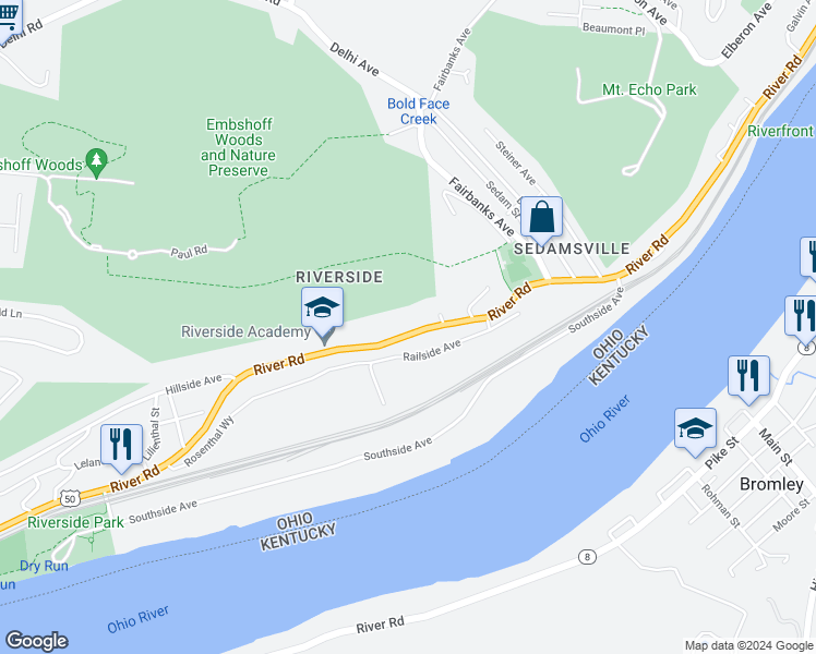 map of restaurants, bars, coffee shops, grocery stores, and more near 3176 River Road in Cincinnati
