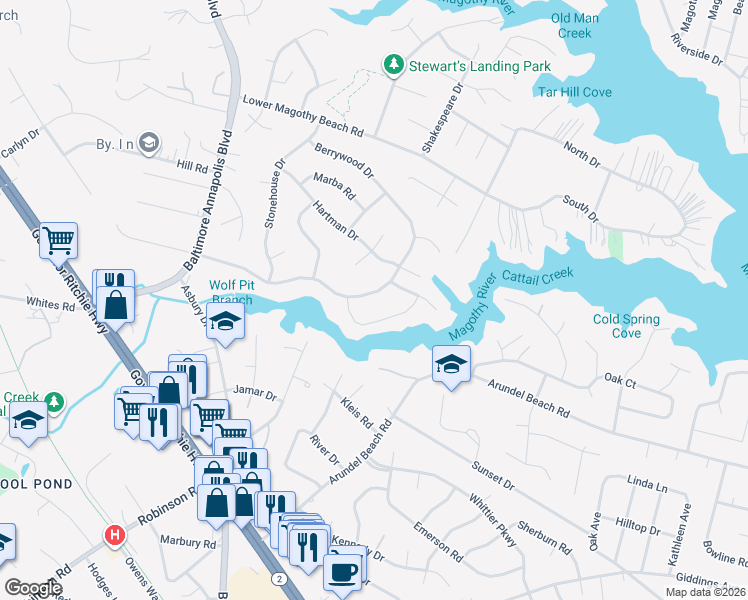map of restaurants, bars, coffee shops, grocery stores, and more near 177 Berrywood Drive in Severna Park