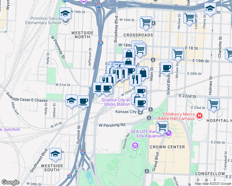 map of restaurants, bars, coffee shops, grocery stores, and more near 380 West 22nd Street in Kansas City
