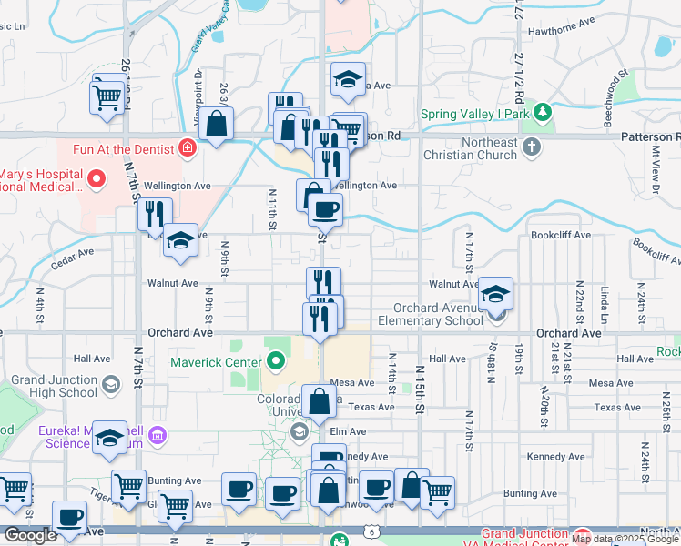 map of restaurants, bars, coffee shops, grocery stores, and more near 1204 Walnut Avenue in Grand Junction