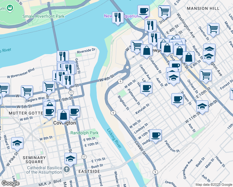 map of restaurants, bars, coffee shops, grocery stores, and more near 450 West 6th Street in Newport