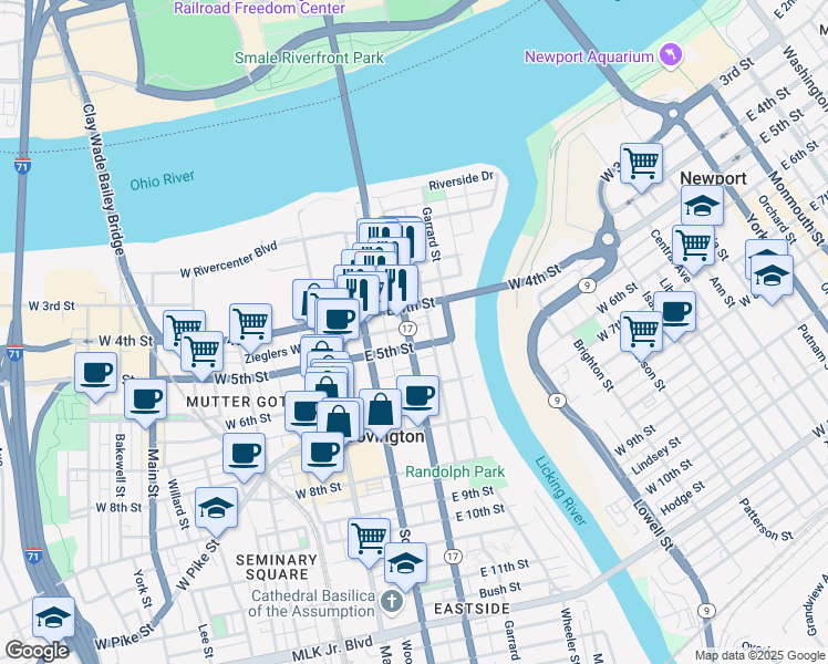 map of restaurants, bars, coffee shops, grocery stores, and more near 423 Sanford Street in Covington