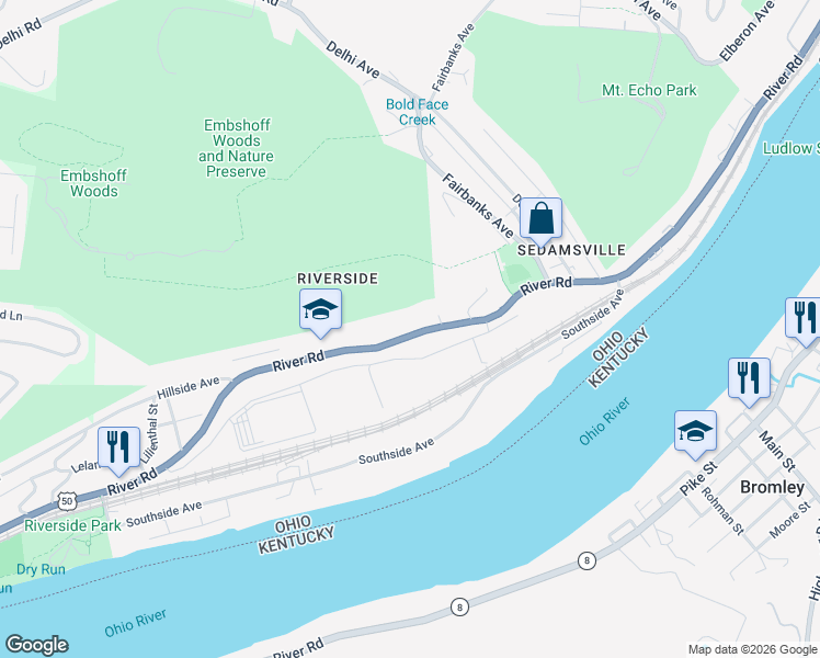 map of restaurants, bars, coffee shops, grocery stores, and more near 3176 River Road in Cincinnati