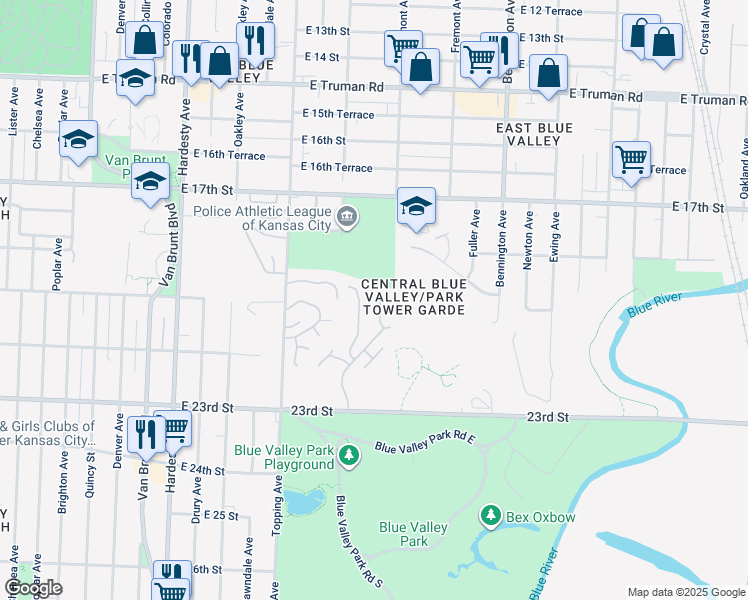 map of restaurants, bars, coffee shops, grocery stores, and more near 1953 Park Tower Road in Kansas City