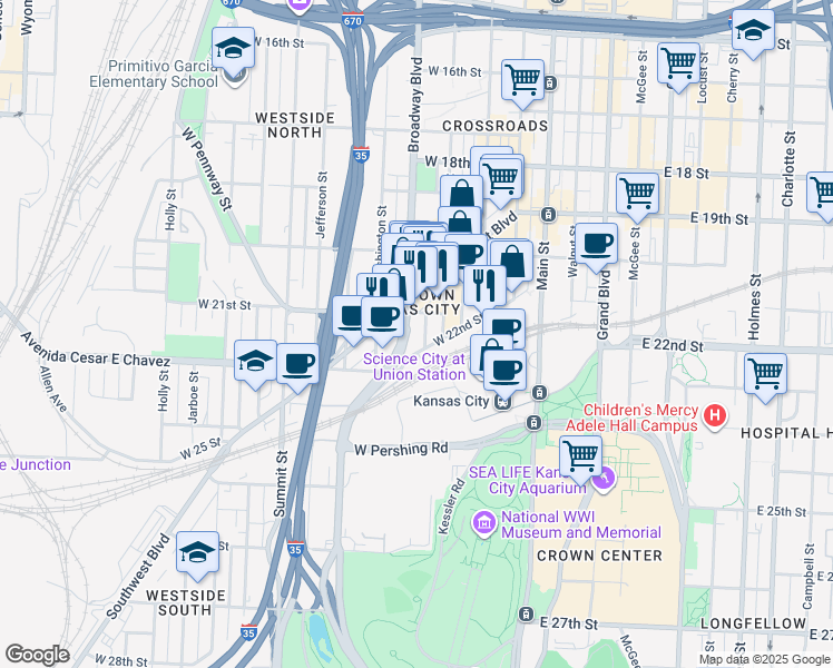 map of restaurants, bars, coffee shops, grocery stores, and more near 2109 Northwestern Avenue in Kansas City