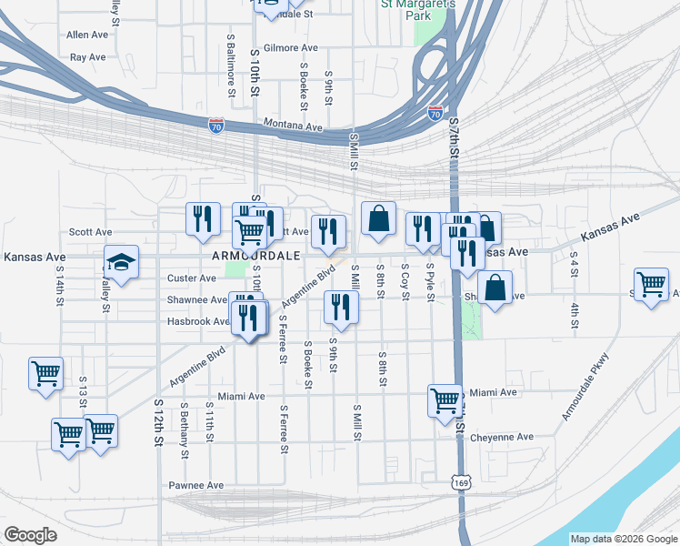 map of restaurants, bars, coffee shops, grocery stores, and more near 901 Kansas Avenue in Kansas City