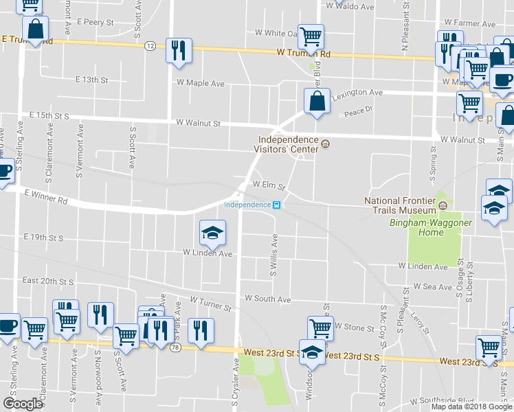 map of restaurants, bars, coffee shops, grocery stores, and more near 1222 West Ruby Avenue in Independence