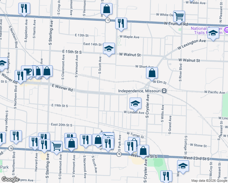 map of restaurants, bars, coffee shops, grocery stores, and more near 11718 East Winner Road in Independence