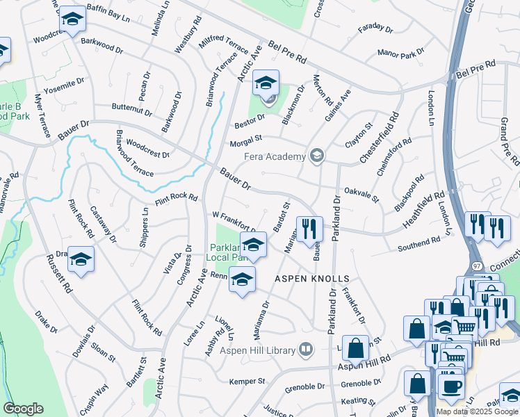 map of restaurants, bars, coffee shops, grocery stores, and more near 14008 Eagle Court in Rockville
