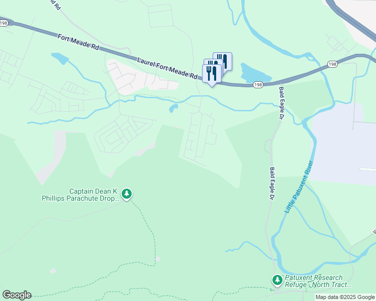 map of restaurants, bars, coffee shops, grocery stores, and more near 3603 Artesian Lane in Laurel