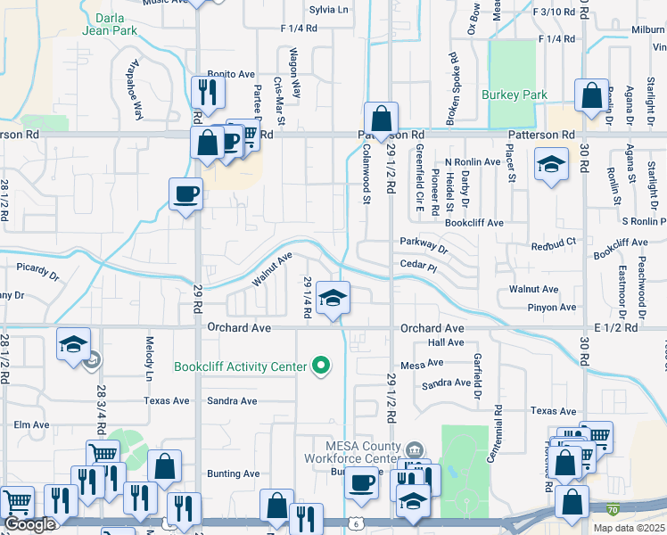 map of restaurants, bars, coffee shops, grocery stores, and more near 566 Garfield Drive in Grand Junction