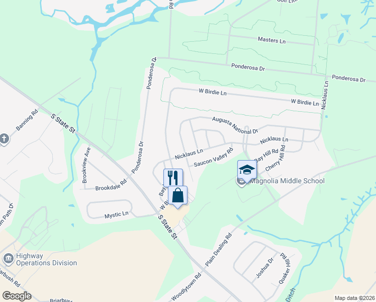 map of restaurants, bars, coffee shops, grocery stores, and more near 16 Augusta National Drive in Magnolia
