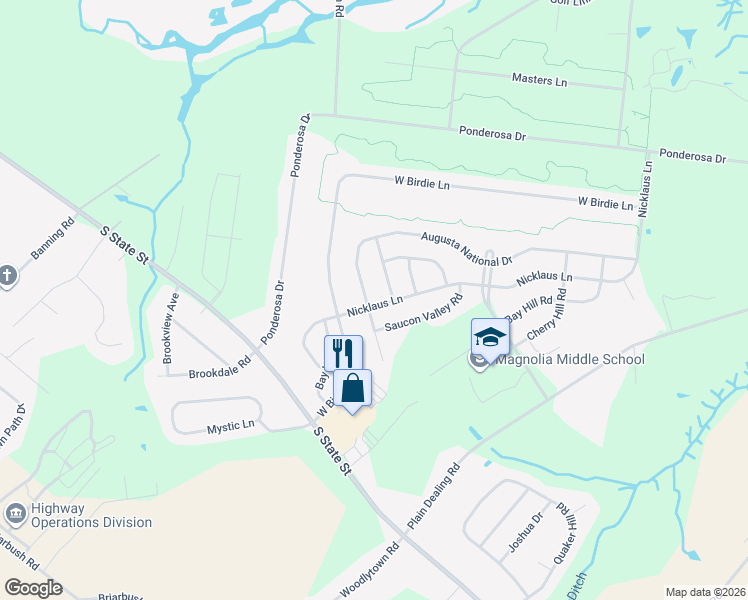 map of restaurants, bars, coffee shops, grocery stores, and more near 16 Augusta National Drive in Magnolia