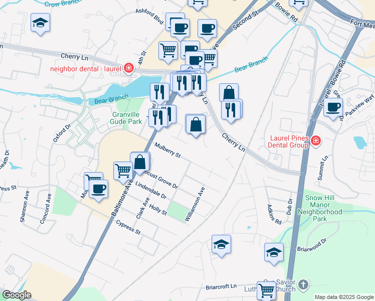 map of restaurants, bars, coffee shops, grocery stores, and more near 8613 Magnolia Street in Laurel