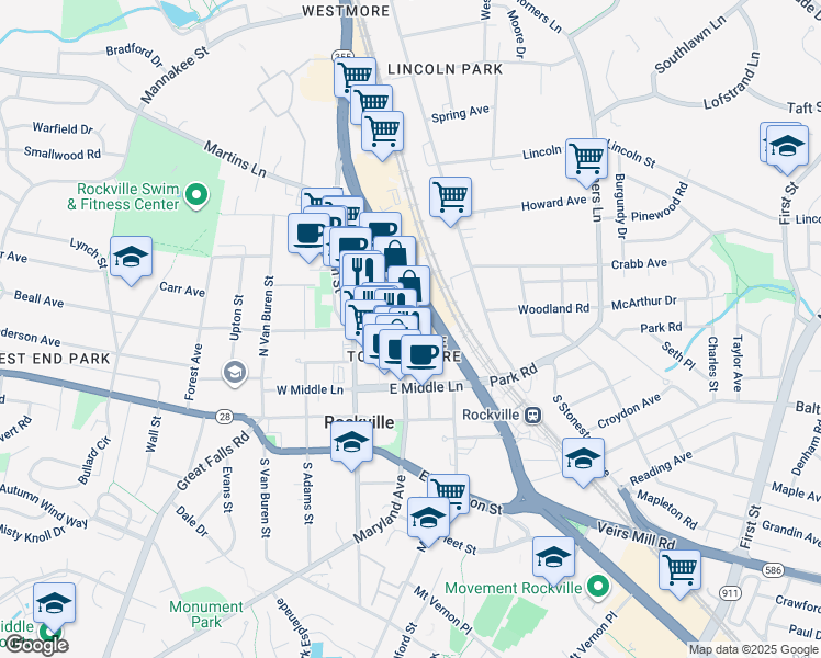 map of restaurants, bars, coffee shops, grocery stores, and more near 20 Maryland Avenue in Rockville