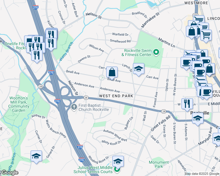 map of restaurants, bars, coffee shops, grocery stores, and more near 603 Anderson Avenue in Rockville