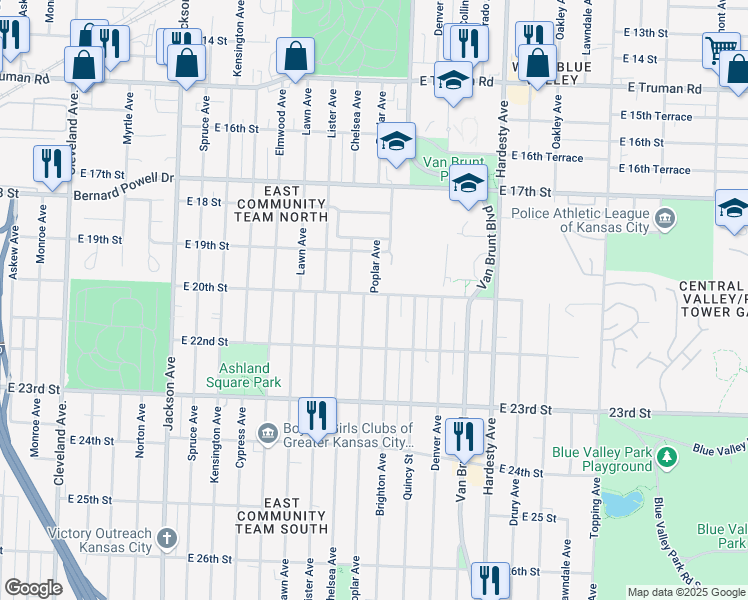 map of restaurants, bars, coffee shops, grocery stores, and more near 2000 Poplar Avenue in Kansas City
