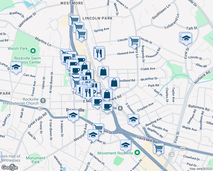 map of restaurants, bars, coffee shops, grocery stores, and more near 204 North Stonestreet Avenue in Rockville