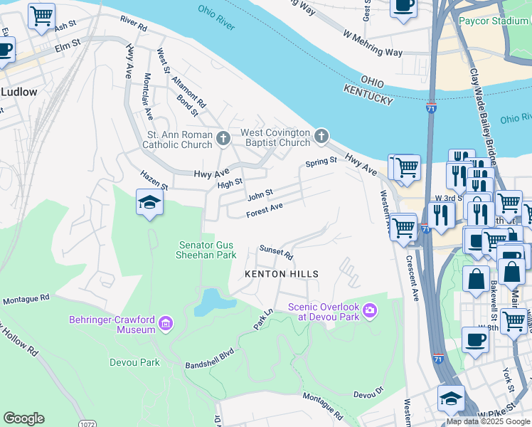 map of restaurants, bars, coffee shops, grocery stores, and more near 1103 Forest Avenue in Ludlow