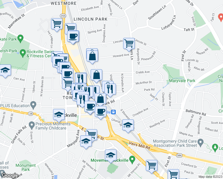 map of restaurants, bars, coffee shops, grocery stores, and more near 100 Virginia Avenue in Rockville