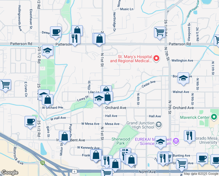 map of restaurants, bars, coffee shops, grocery stores, and more near 107 Hillcrest Drive in Grand Junction