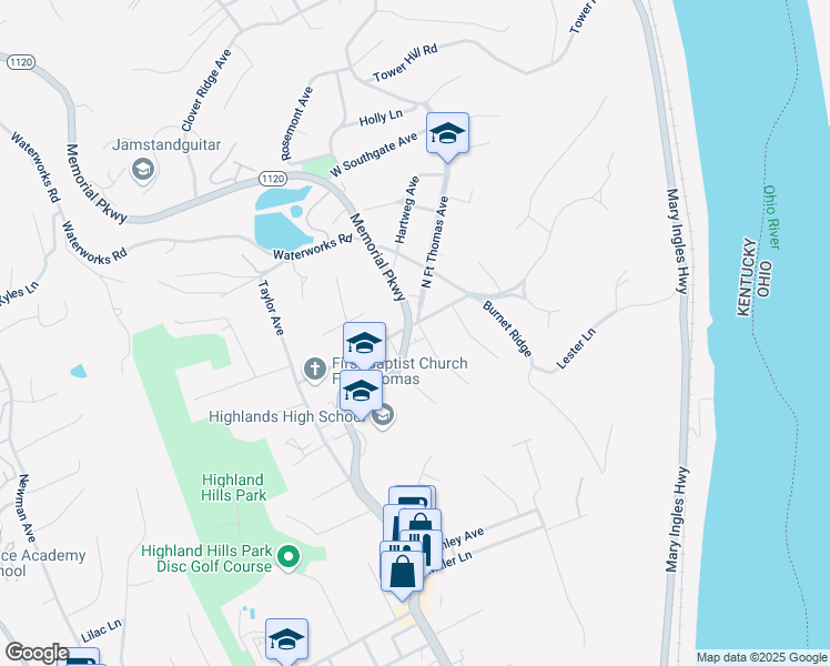 map of restaurants, bars, coffee shops, grocery stores, and more near 850 North Fort Thomas Avenue in Fort Thomas