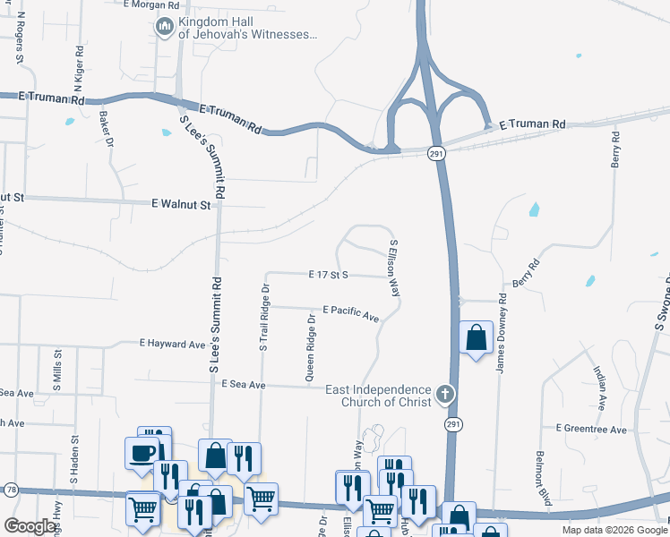 map of restaurants, bars, coffee shops, grocery stores, and more near 1614 South Queen Ridge Way in Independence