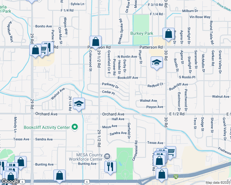 map of restaurants, bars, coffee shops, grocery stores, and more near 2960 1/2 Cedar Place in Grand Junction