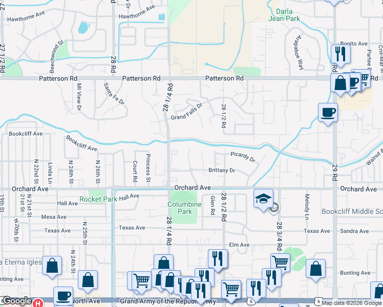map of restaurants, bars, coffee shops, grocery stores, and more near 569 Garden Cress Court in Grand Junction