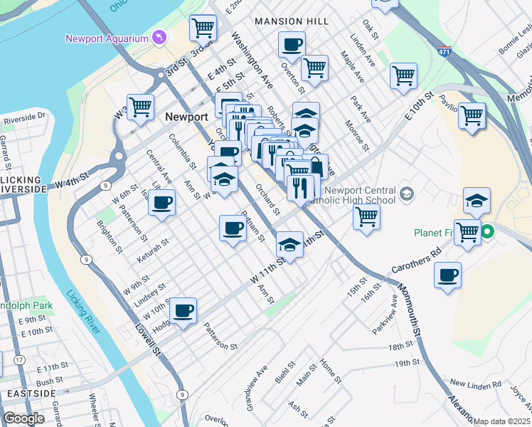 map of restaurants, bars, coffee shops, grocery stores, and more near 932 Orchard Street in Newport