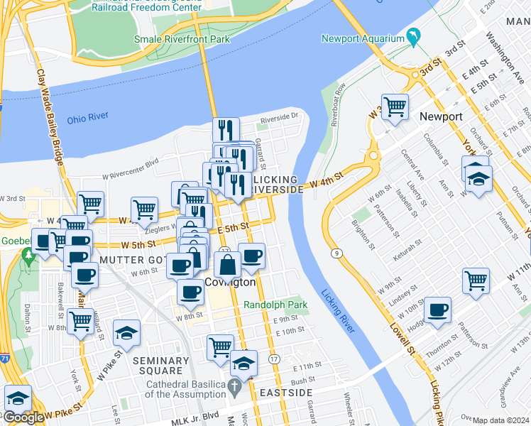 map of restaurants, bars, coffee shops, grocery stores, and more near 423 Sanford Street in Covington