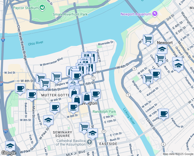 map of restaurants, bars, coffee shops, grocery stores, and more near 423 Sanford Street in Covington