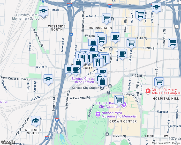 map of restaurants, bars, coffee shops, grocery stores, and more near 2120 West 22nd Street in Kansas City