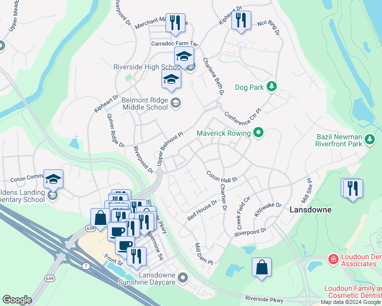 map of restaurants, bars, coffee shops, grocery stores, and more near 19121 Eagle Mine Terrace in Leesburg